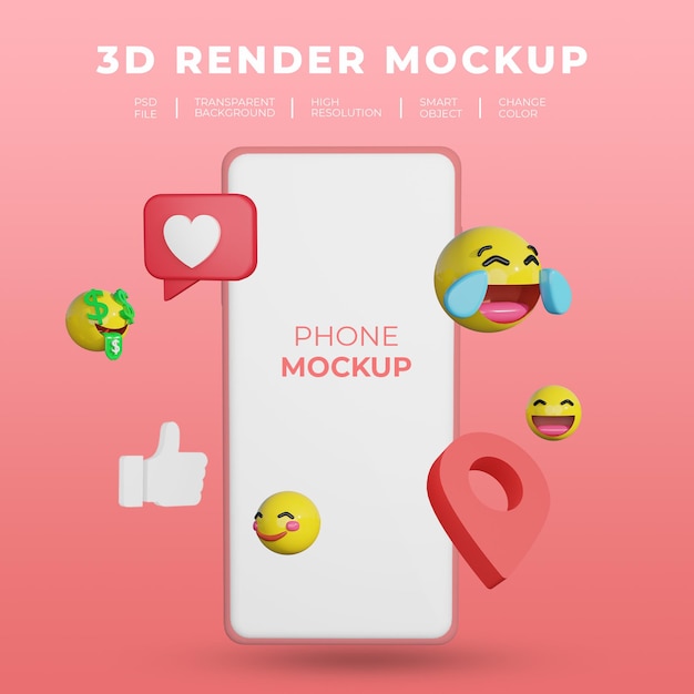 3D rendering mockup smartphone with emoji social media