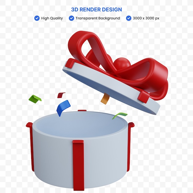 PSD 3d rendering open round gift box with paper confetti isolated