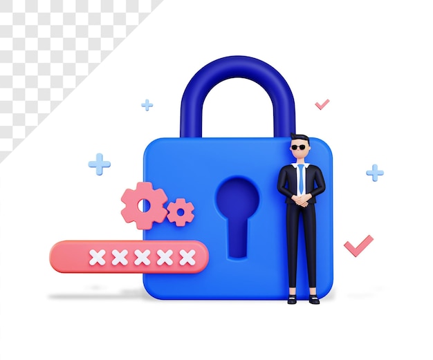 PSD 3d security with big padlock and male character