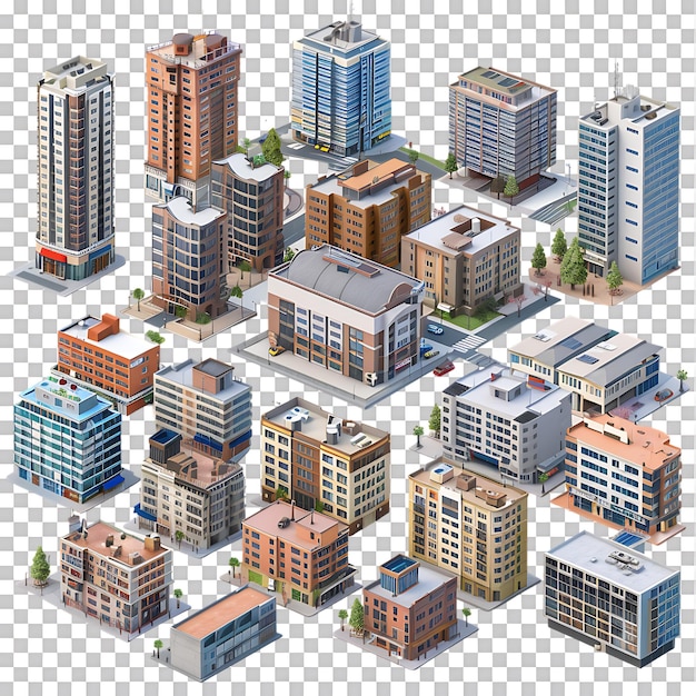 PSD 3d set of city buildings isolated on a transparent background