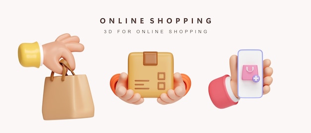 PSD 3d set of shopping online concept icon isolated on white background 3d rendering illustration clipping path