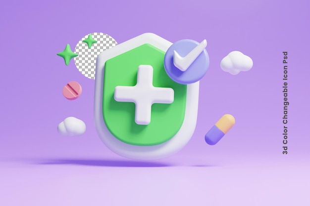 3d shield icon with medical pill and search bar icon or 3d medical equipment icon