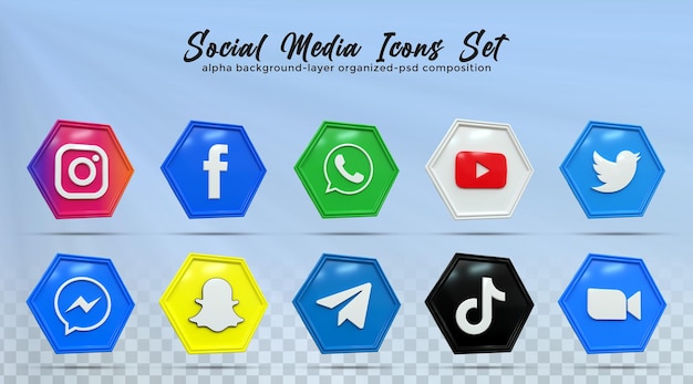 3d social media icons social media logo collection with 3d rendering glossy style