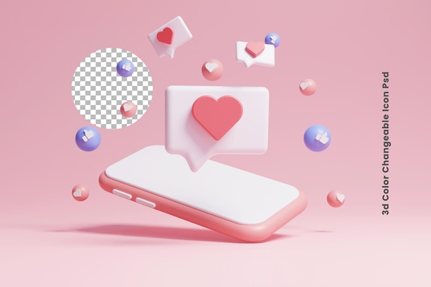 PSD 3d social media love and heart icon or 3d social media love with holding phone