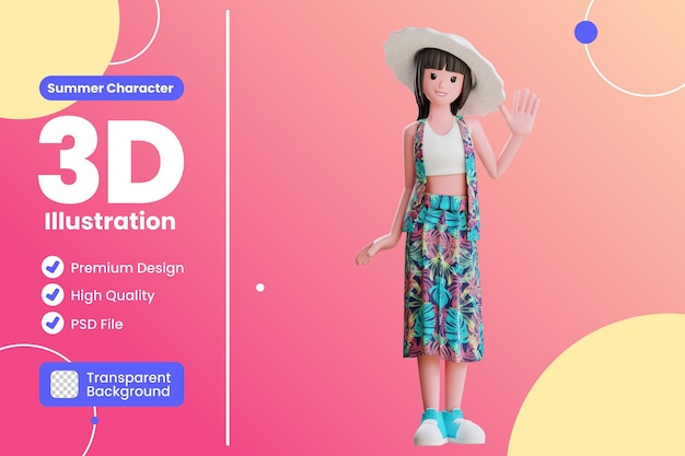 PSD 3d summer character female saying hello with beautiful smile