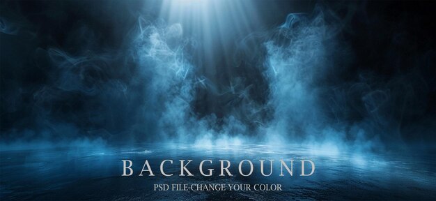 PSD abstract dark background with fog and blue light rays on the asphalt floor