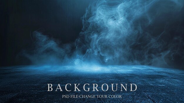 PSD abstract dark background with fog and blue light rays on the asphalt floor