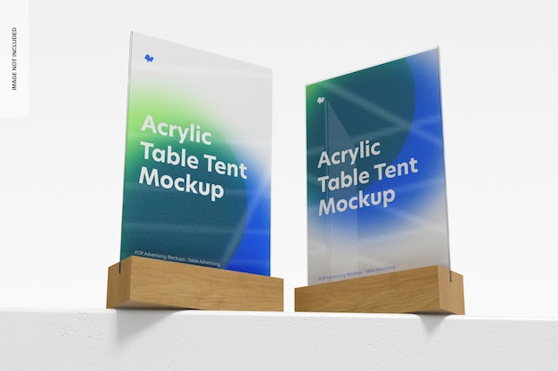 Acrylic Table Tents with Wood Base Mockup, Low Angle View