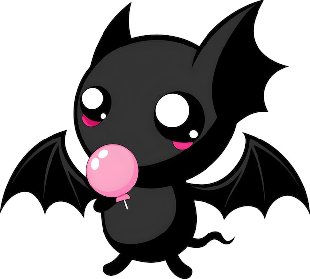 PSD adorable cartoon bat blows vibrant pink bubble gum