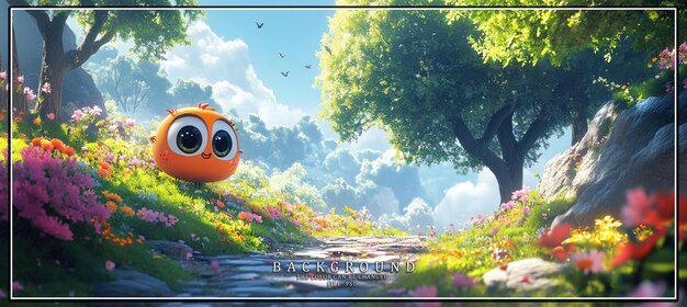 PSD adorable cartoon bird with big eyes standing on a path in a colorful meadow