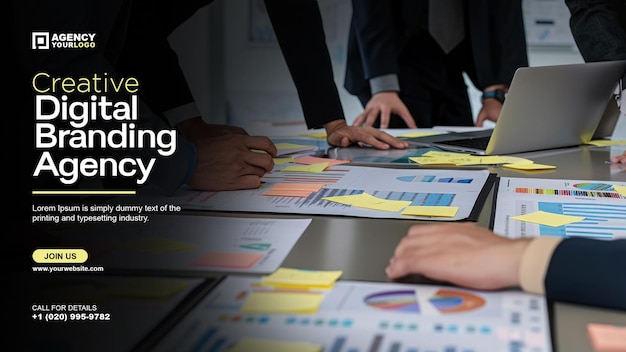 PSD advertising digital marketing banner template with group of business people are using sticky notes and graphs