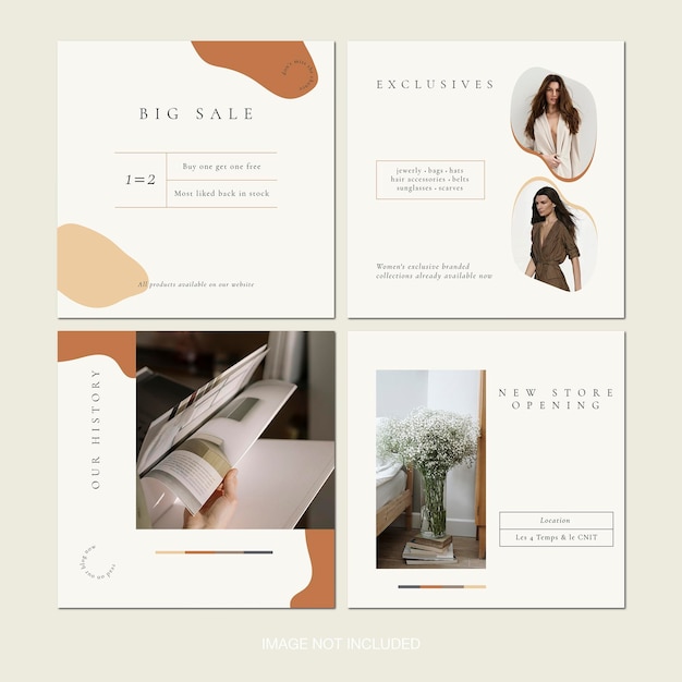 PSD aesthetic fashion instagram posts stories design templates in beige ivory neutral brown colors