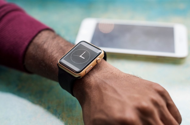 PSD african man wearing a smartwatch