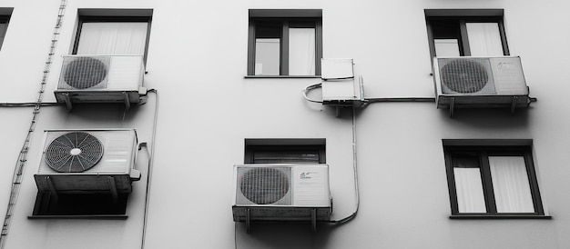 PSD air conditioners on a white building