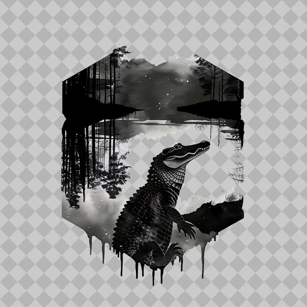 PSD american alligator animal inside a silhouette pentagon swamp png akwarel kolekcje dzikiej przyrody