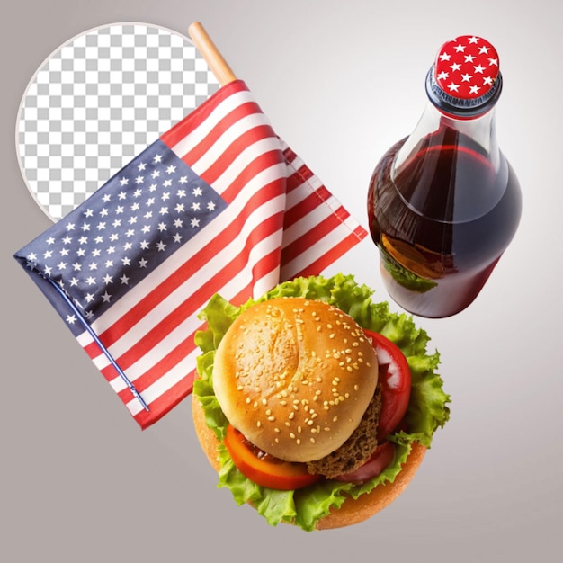 PSD american flag with burger and cold drink isolate on transparency background