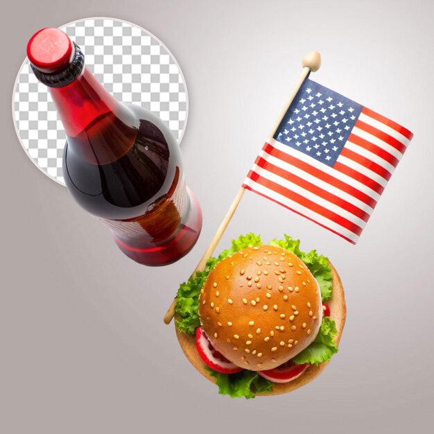 PSD american flag with burger and cold drink isolate on transparency background