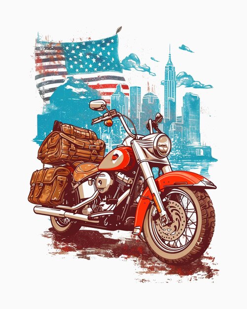 PSD american motorcycle with flag and city poster design template