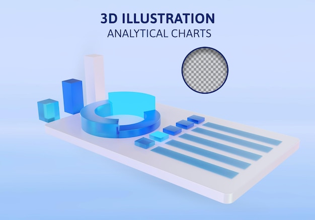 PSD analytische cirkeldiagrammen met grafieken en staafdiagrammen 3d-rendering illustratie