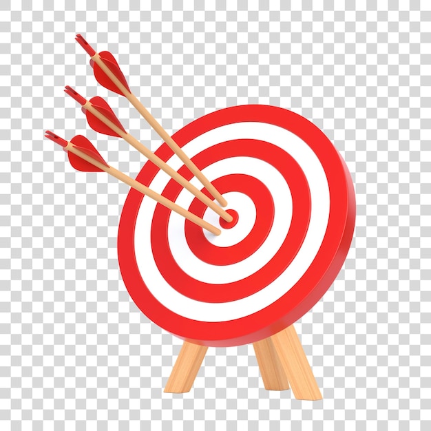 Archery target with three arrows isolated on white background Dartboard and bullseye 3D render