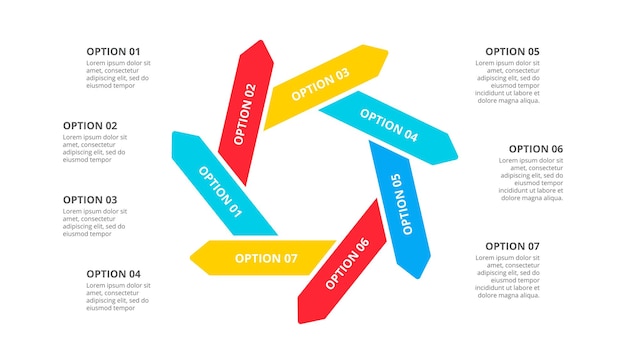 PSD arrows cycle infographic with 7 options flat illustration for data visualization and analysis