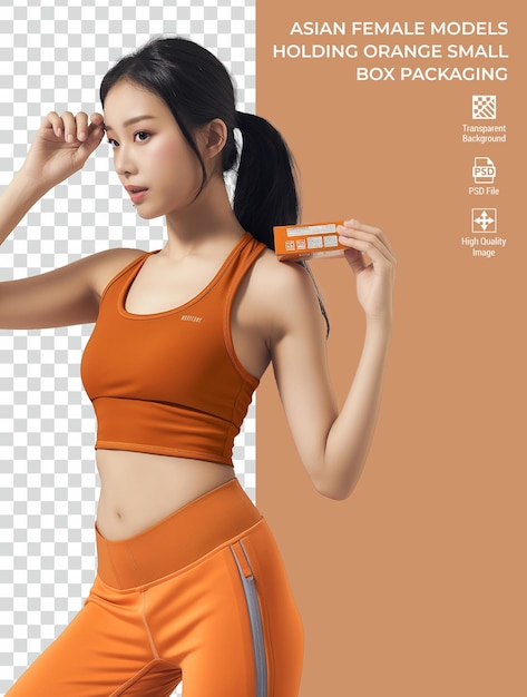 PSD asian female model holding small box packaging isolated on transparent background psd