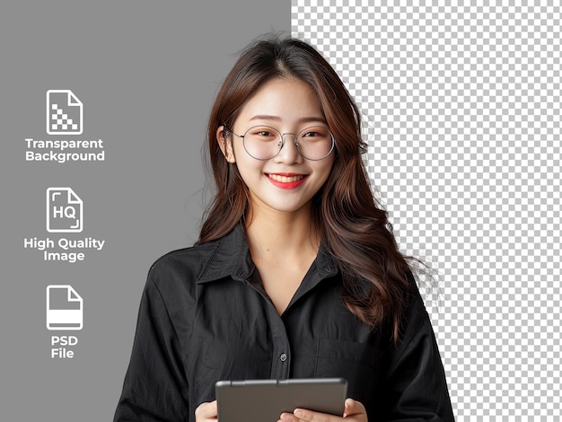 PSD asian female worker or student using glasses transparent background