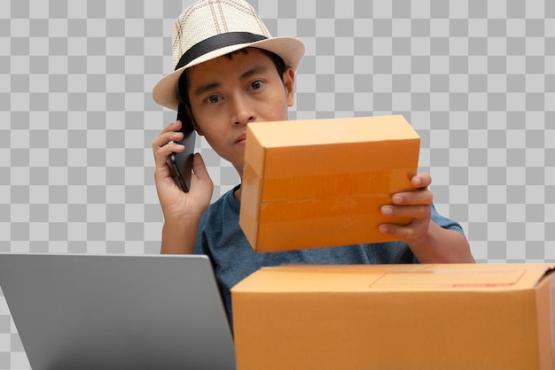 PSD asian man checking online purchase shopping order