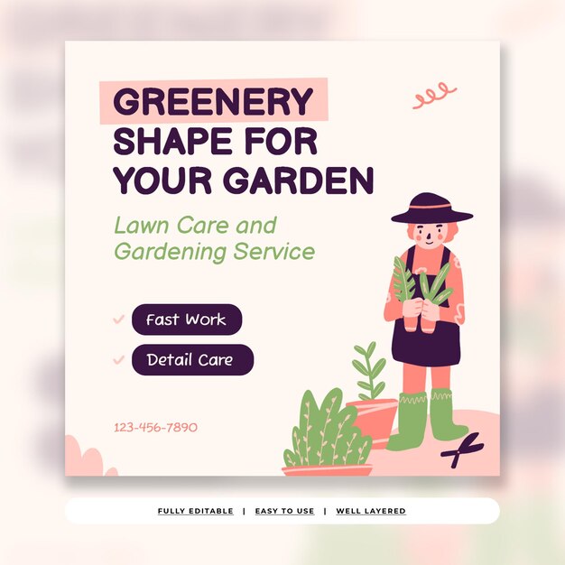 PSD asparagus pink illustrative gardening service instagram post template