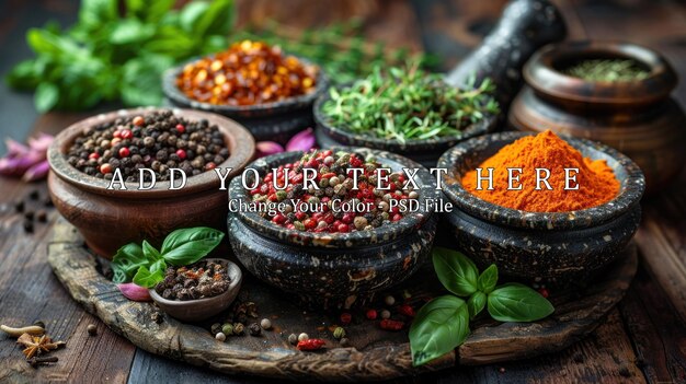 PSD assortment of spices in bowls on wooden background