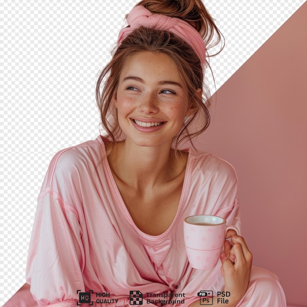 PSD awesome happy girl with a coffee cup seated in the bedroom png psd