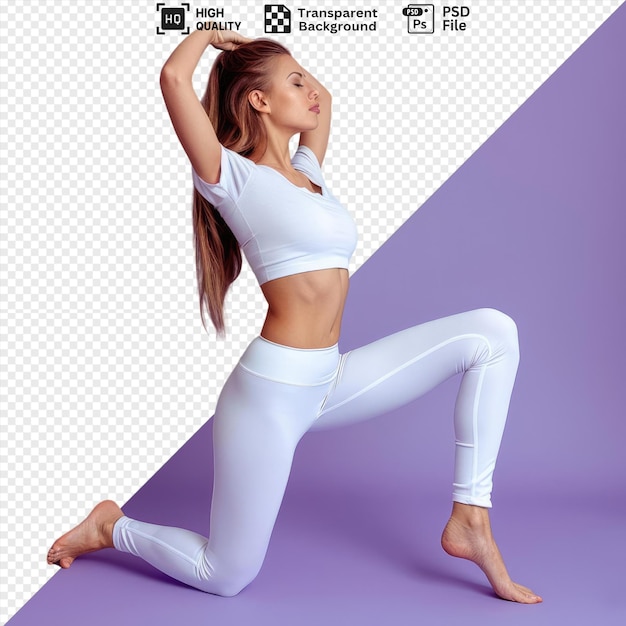 PSD awesome woman in white tshirt and leggins doing stretching pose on purple background with bare feet and brown hair visible and a white ear in the foreground png psd