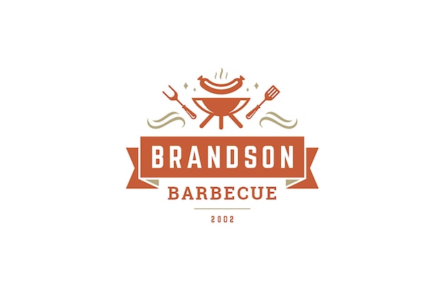 PSD barbecue grill sausage cooking with cutlery vintage logo design template festive ribbon