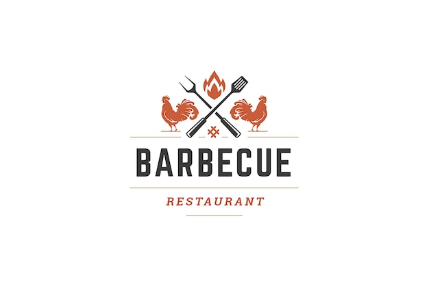 PSD barbecue restaurant vintage logo design template rooster crossed cutlery and burning flame