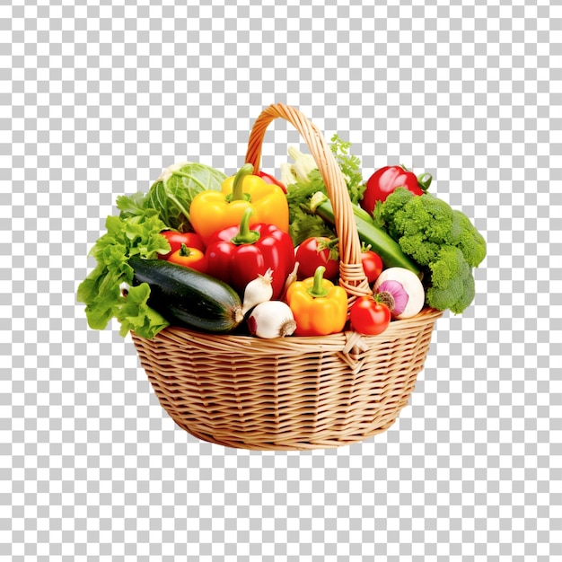 A basket of groceries and vegetables isolated on transparent background