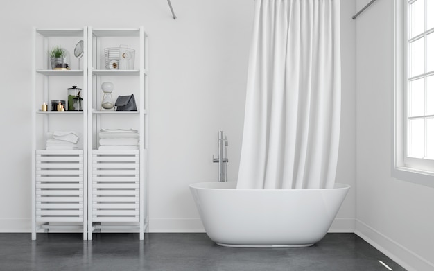 PSD bathtub with curtain and shelf