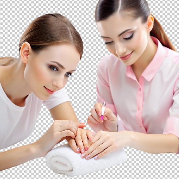 PSD beautician filing female clients nails at spa beauty salon