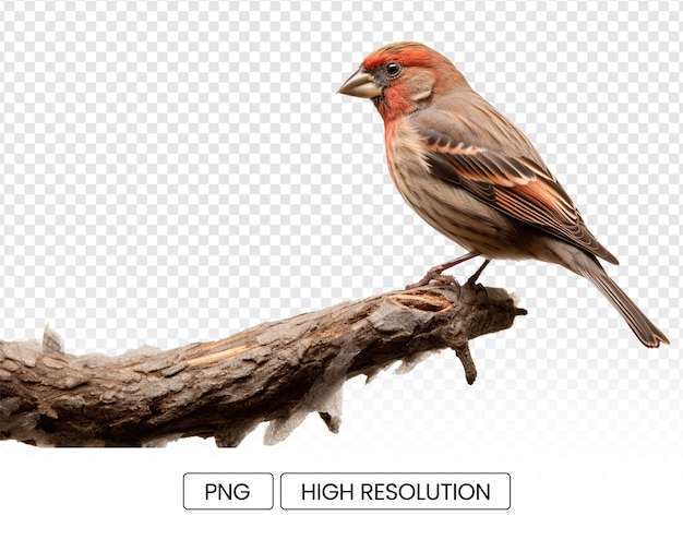 A beautiful house finch perched on a branch with a transparent background