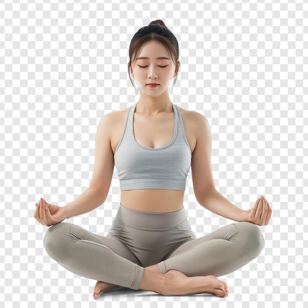 PSD beautiful korea woman wearing fitness clothes doing yoga on transparency background psd