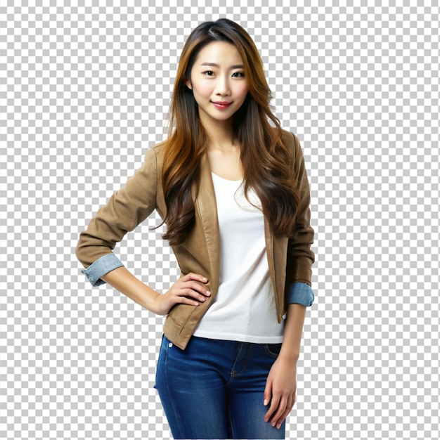 beautiful Korean woman in casual jacket and blue jeans on transparent background