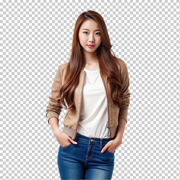 beautiful Korean woman in casual jacket and blue jeans on transparent background