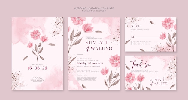 Beautiful pink wedding invitation template with watercolor flower