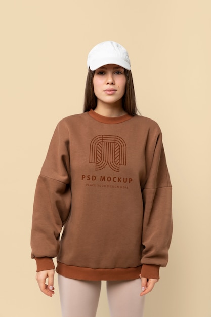 PSD beautiful woman wearing hoodie mockup