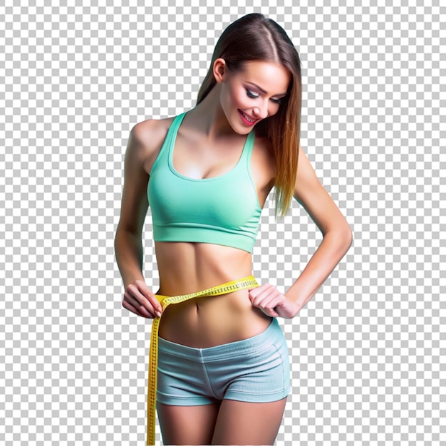 PSD beautiful young girl measuring perfect shape of waist