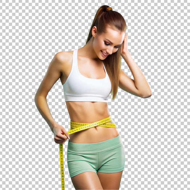 PSD beautiful young girl measuring perfect shape of waist