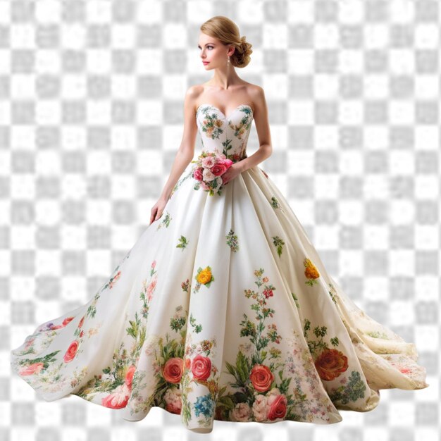 PSD beautifully designed floral wedding dress on transparent background