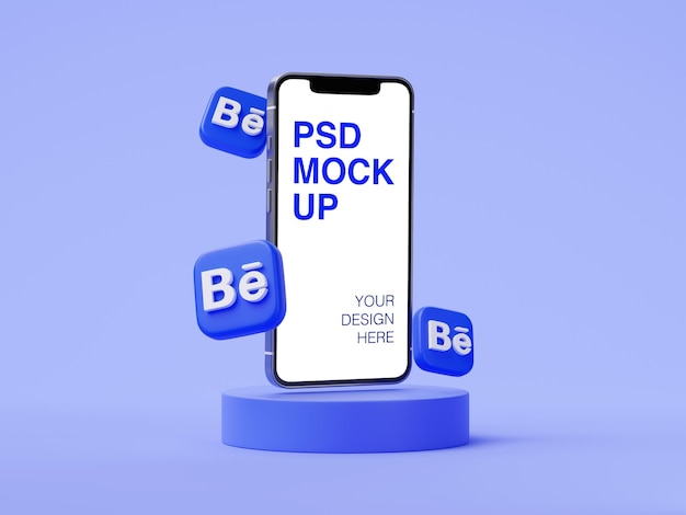 Behance logo social media post on mobile phone mockup with 3d icons