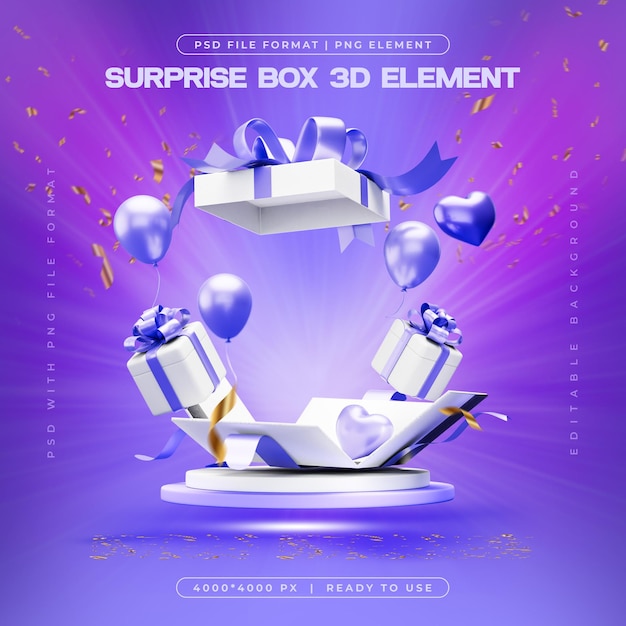 PSD birthday blast surprise gift box 3d elementen sociale media geïsoleerd