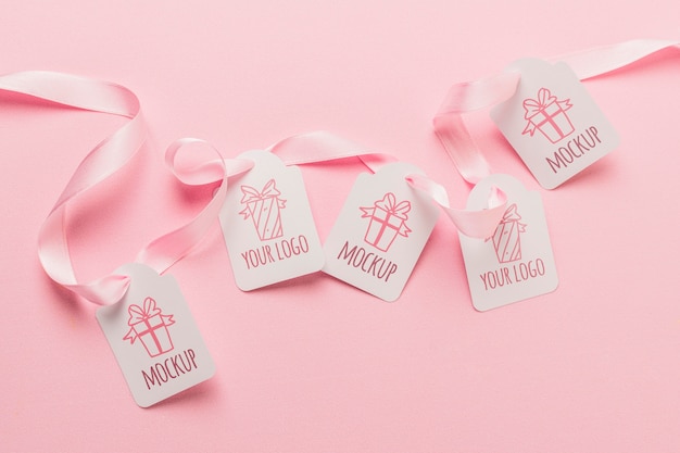 Birthday gift tags mock-ups with pink ribbons