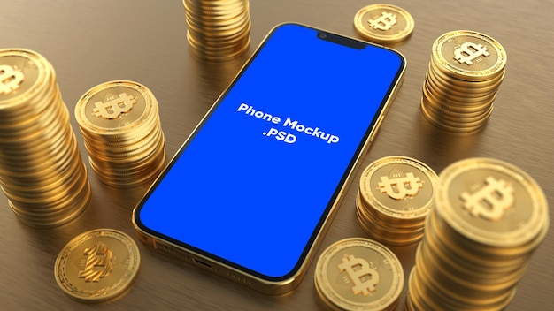 Bitcoin cryptocurrency with smartphone device mockup